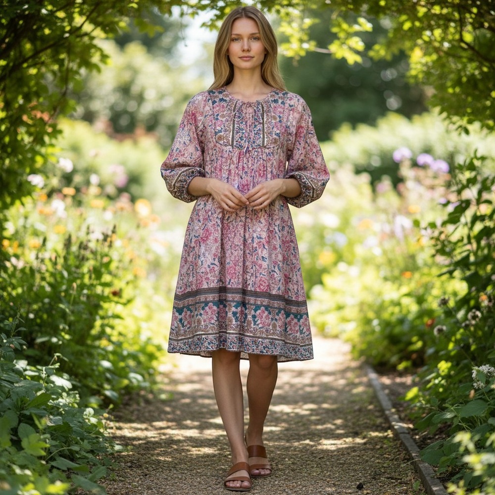 Boho Floral Babydoll Peasant Tunic Pink Flowy Mini Dress Romantic Folk Style M/L
